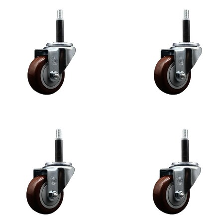Service Caster 3'' SS Maroon Poly Wheel Swivel 3/4'' Expanding Stem Caster Set, 4PK SCC-SSEX20S314-PPUB-MRN-34-4
